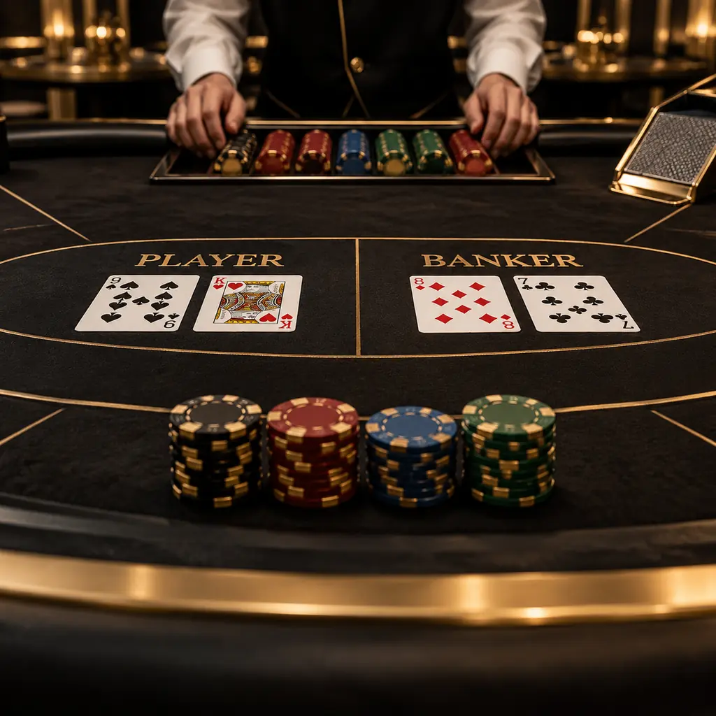 Ilustrasi meja baccarat dengan susunan kartu dan chip