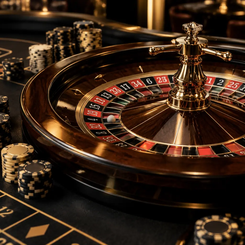 Ilustrasi roda roulette dan bola putih pada meja kasino