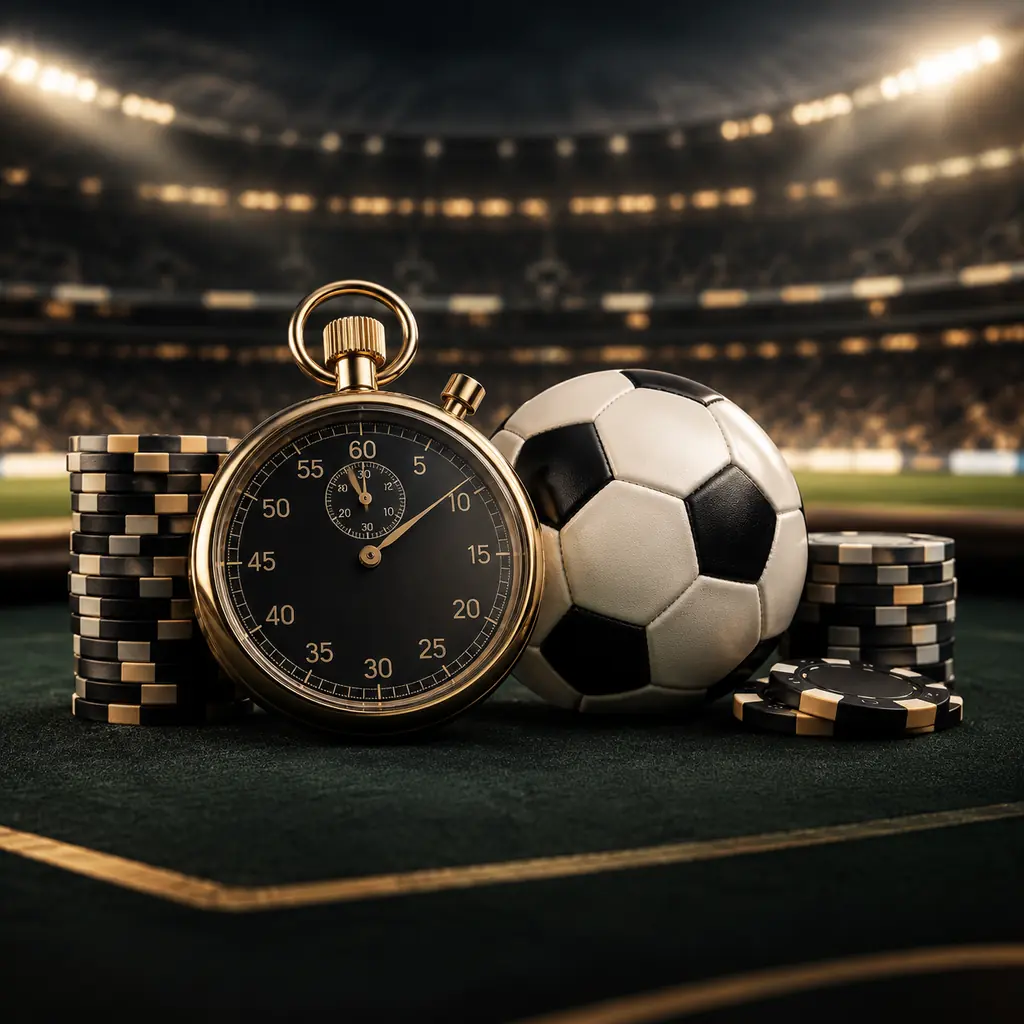 Ilustrasi jam analog, bola sepak, dan chip kasino untuk pembahasan periode pertandingan