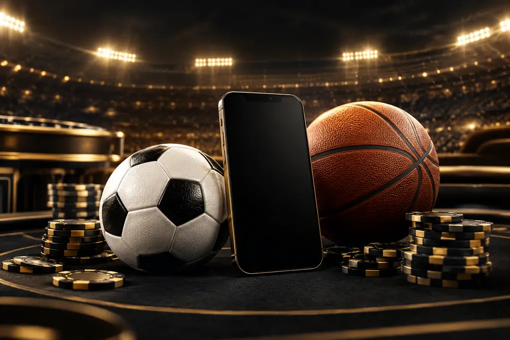 Ilustrasi bola sepak dan bola basket di dekat meja bertema kasino