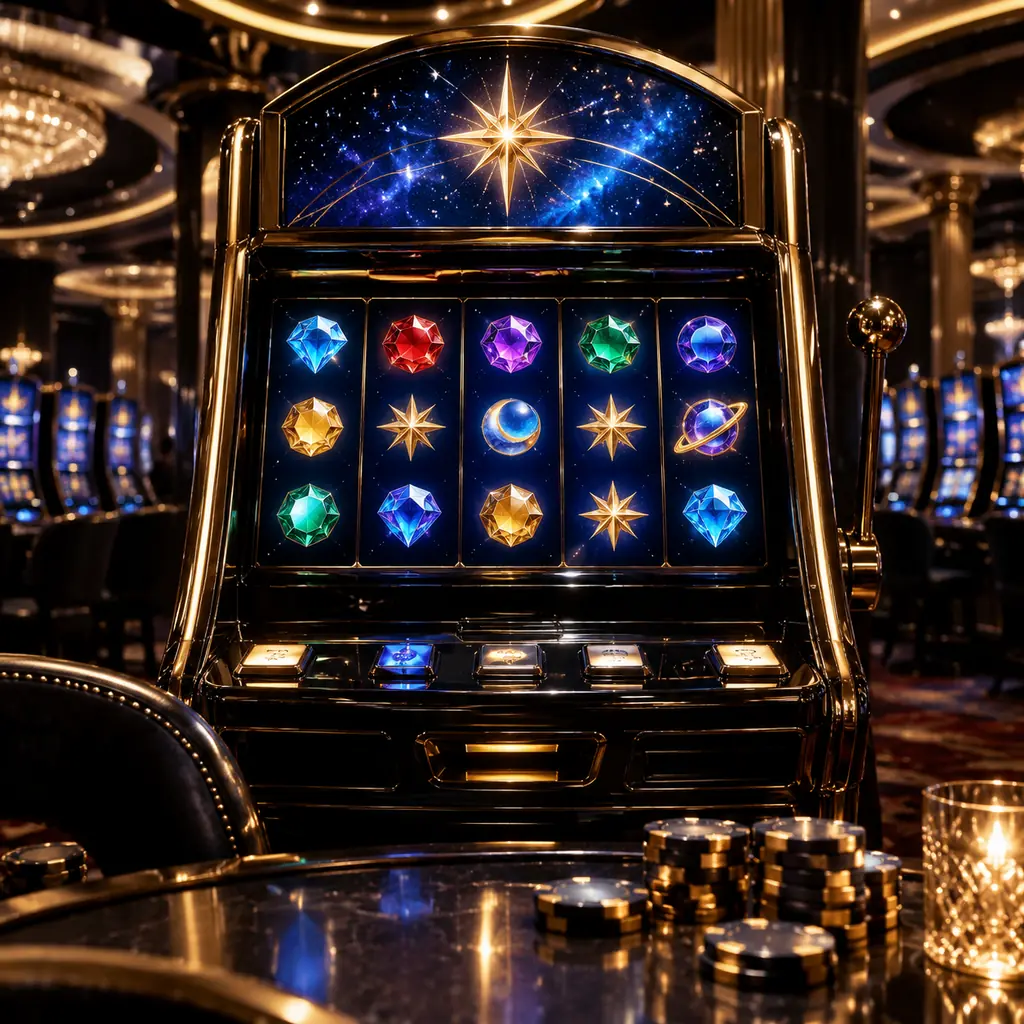 Ilustrasi mesin slot dengan permata berwarna dan latar kosmik